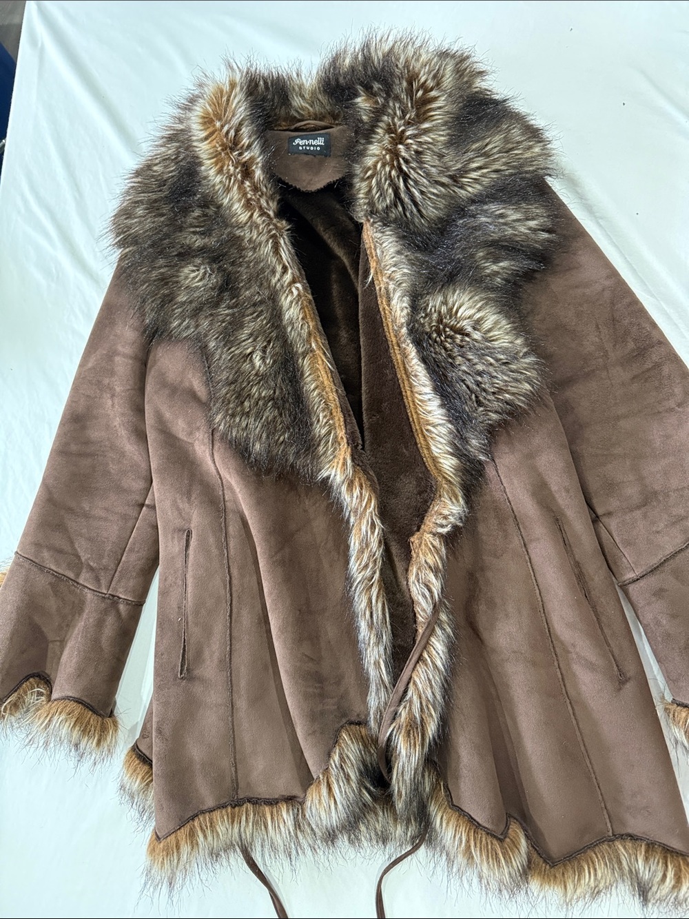 Women’s Brown Faux-Suede Trench Coat with Faux-Fur Trim